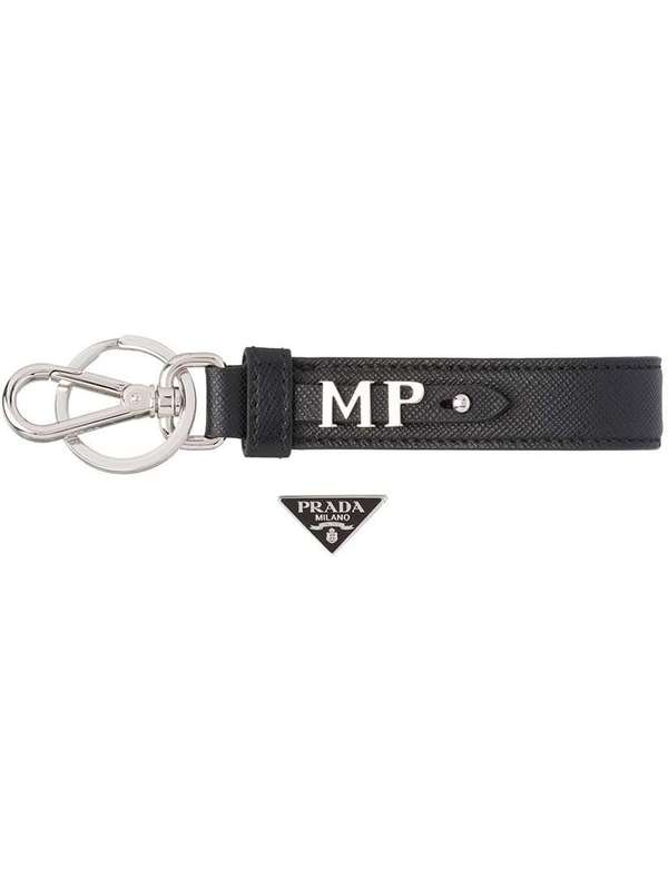 Triangle Logo Saffiano Leather Keychain