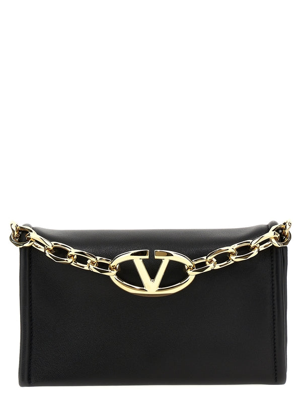 V Logo Chain Leather Clutch
  Bag