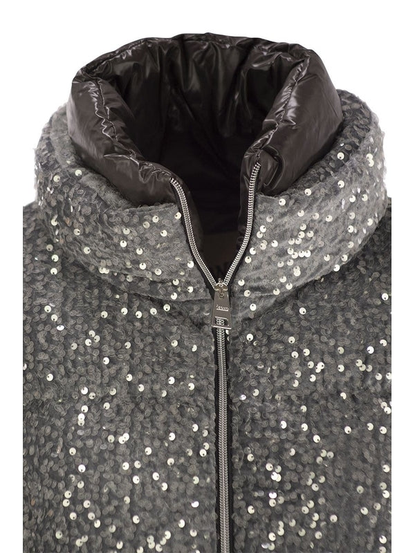 All-over Sequin High-neck Velvet Padded Jacket