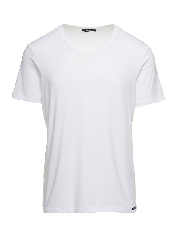 V Neck T-Shirt in Cotton White Man Tom Ford Half Sleeve