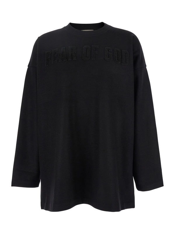 Black Crewneck T-Shirt with Maxi Tonal Logo Patch on the Front in Cotton Man Long Sleeve