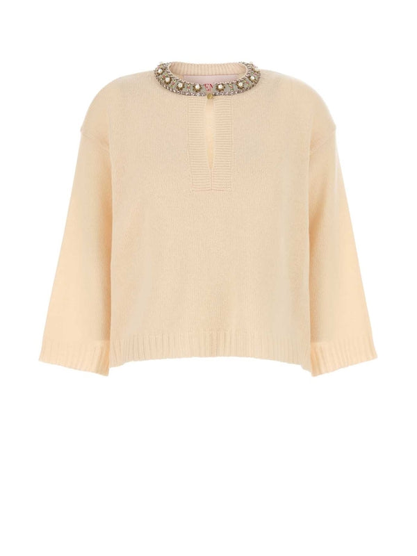 Beads Embroidered Neck Wool Knit