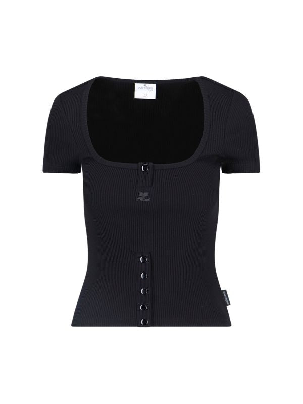 Logo Patch Button Rib Short-sleeve T-shirt