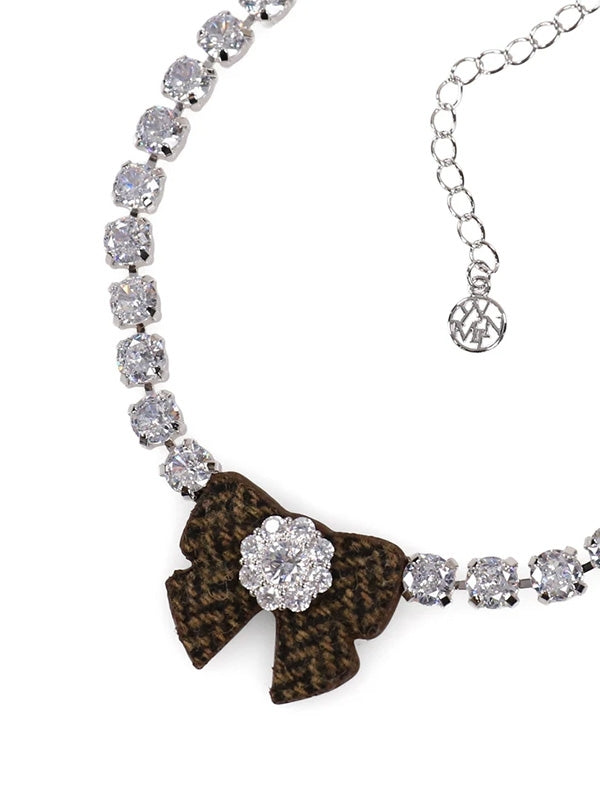 Fabric Bow Gemstone Necklace