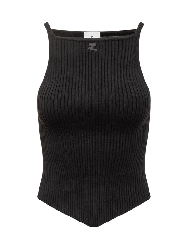 ロゴ刺繍リブノースリーブトップス