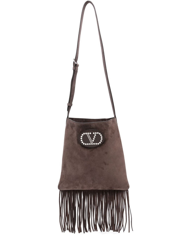 V Logo Tassel Detail Suede Shoulder Bag