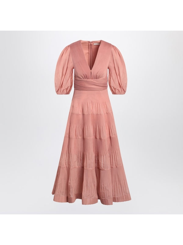 Balloon Sleeve Pleated Midi Dress