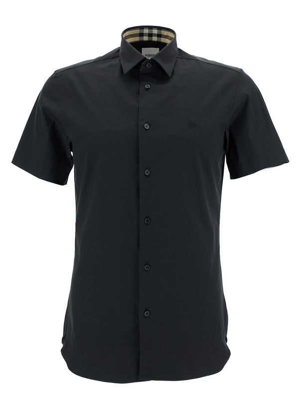 Black Short Sleeve Shirt with Equestrian Knight Embroidery in Stretch Cotton Man Shirts