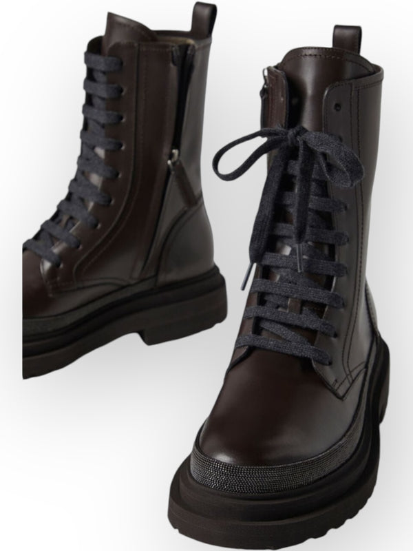 Monili Detail Leather Lace-Up Boots