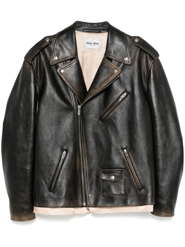 Logo Embossed Vintage Layered Biker Jacket