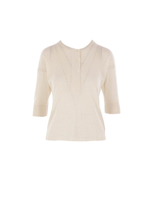 Button Detail Linen Silk Short-sleeve Knit