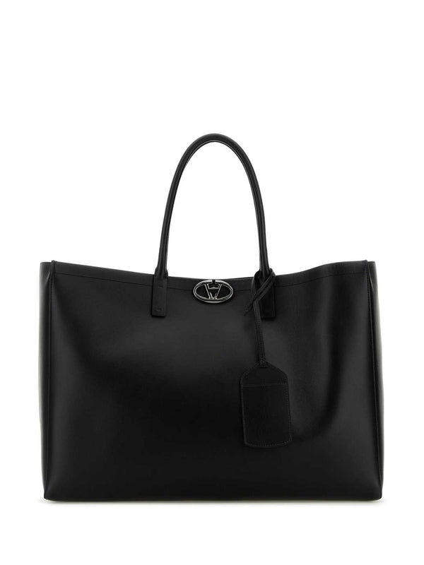 V Logo Leather Tote Bag