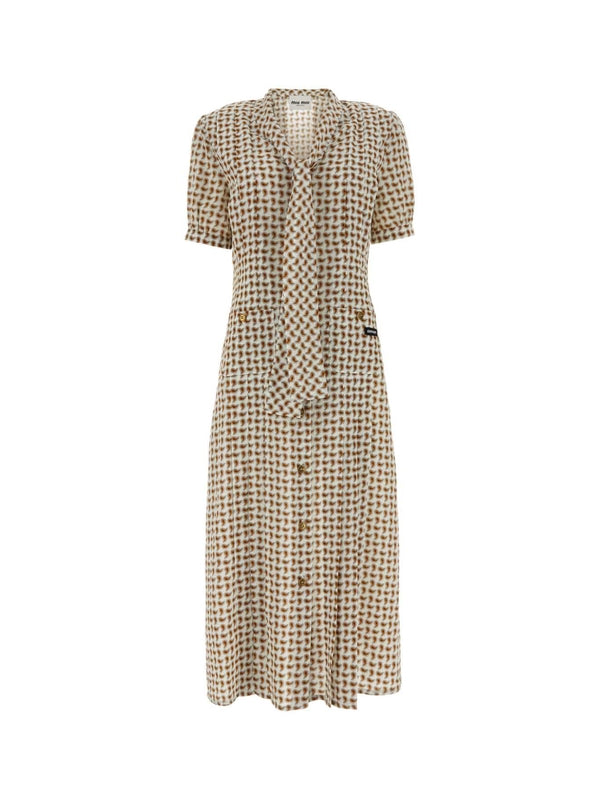 All Over Pattern Tie Neck Silk Dress