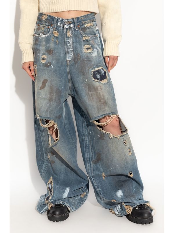 Distress Cotton Denim Pants