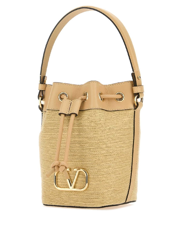 V Logo Raffia Bucket Bag