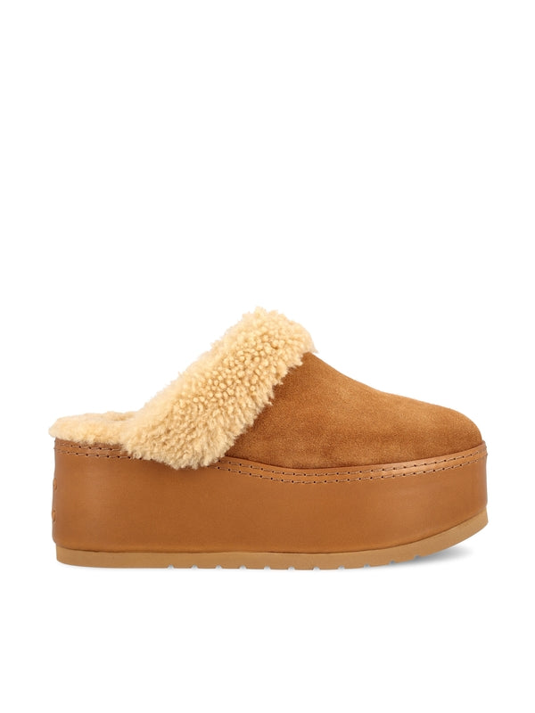 Triomphe Logo Shearling Wedge Mules