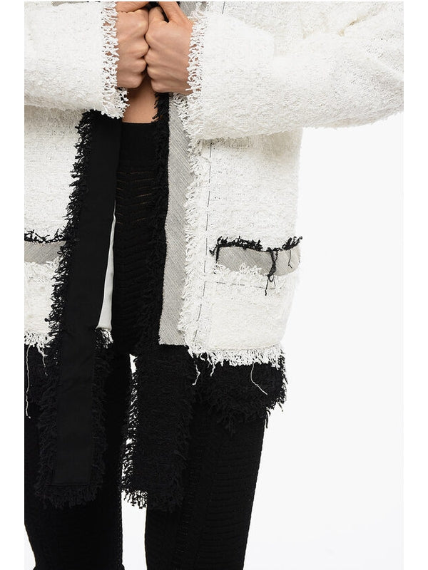 Shoulder Cutout Fringe Tweed Cardigan