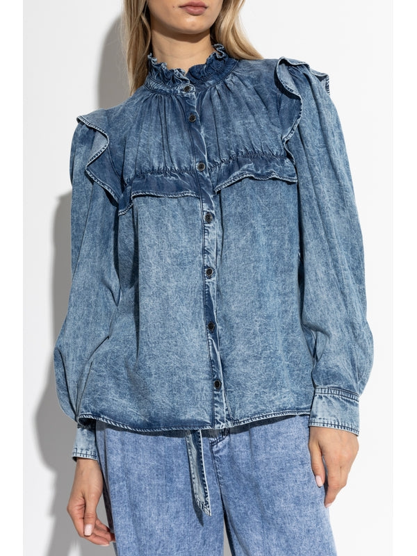 Ruffle Detail Highneck Denim Shirt