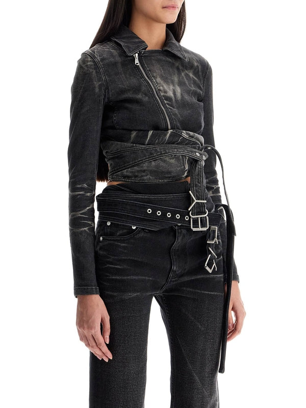 Logo Buckle Wrap Belt Crop Denim Jacket