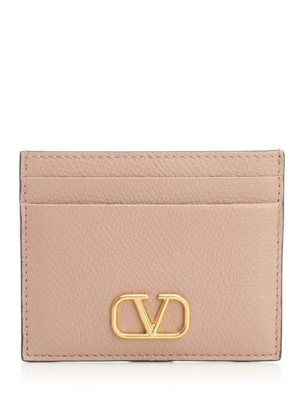 V Logo Leather Card Wallet