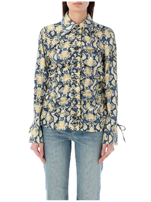 GANNI - Snake Pattern Satin Gathered Shirt - Jente