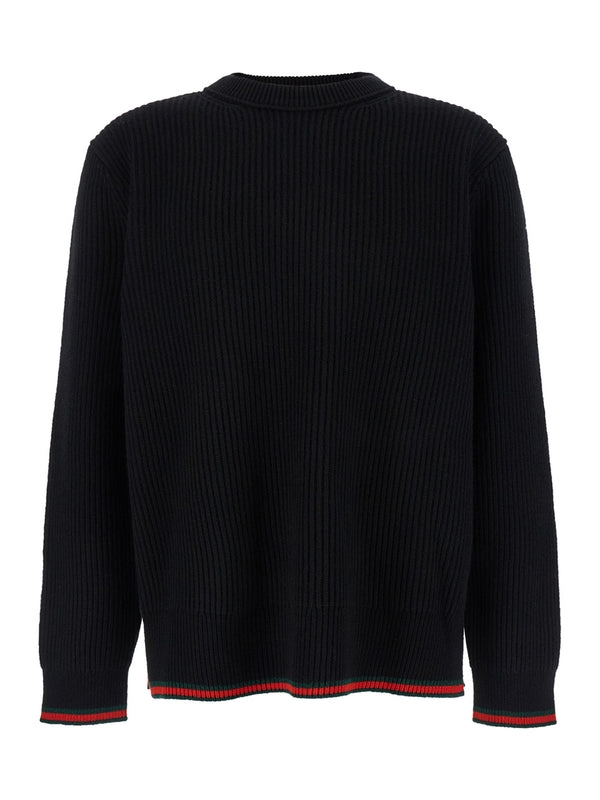 Black Crewneck Sweater with Web Detail in Ribbed Wool Blend Man Knitted