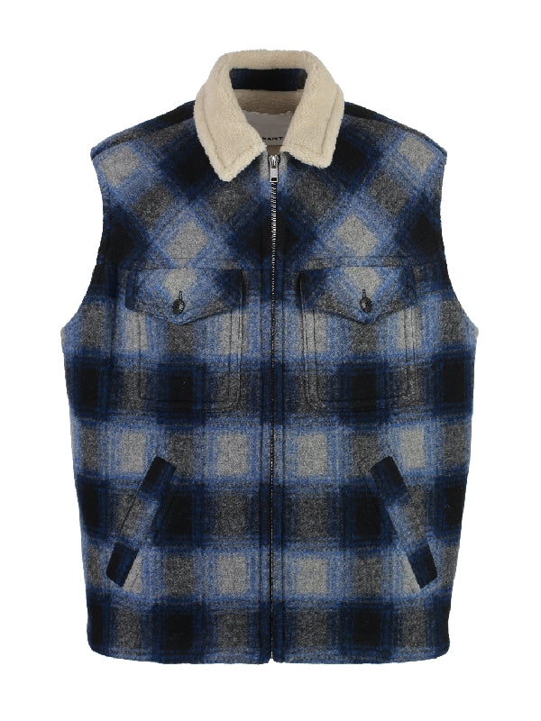 Shearling Collar Check Wool Zip-Up Vest