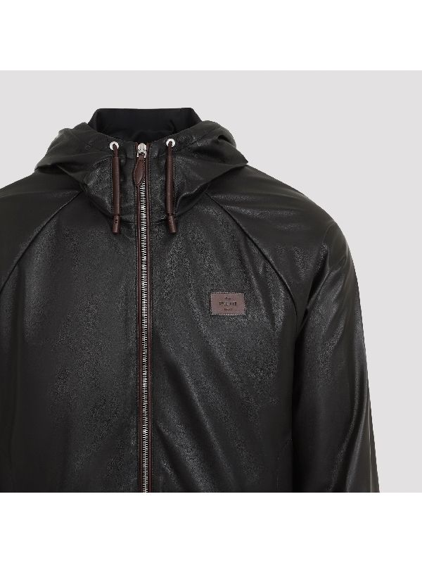 Logo Patch Leather Hooded
  Jacket