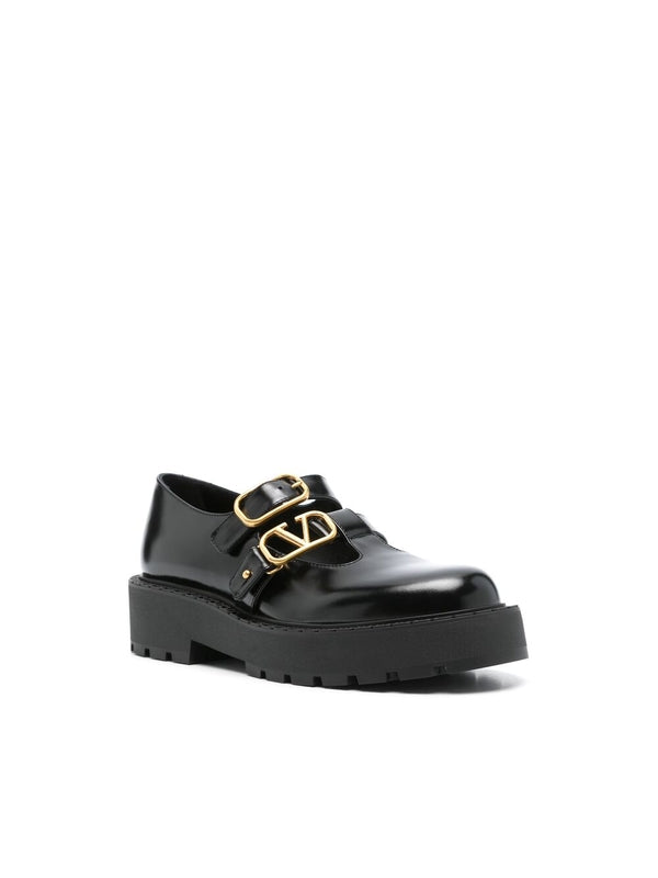 V Logo Buckle Strap Leather Loafer