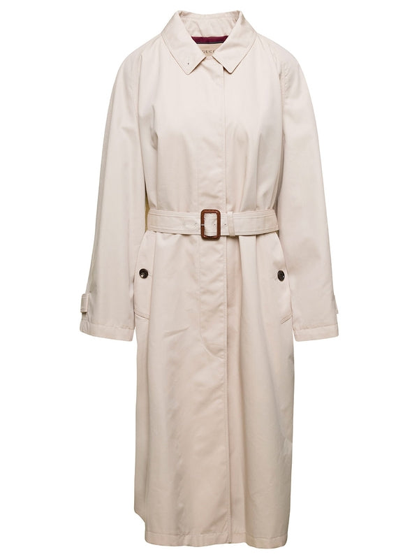 Beige Single-Breasted Trench Coat with Matching Belt in Cotton Blend Woman Trench