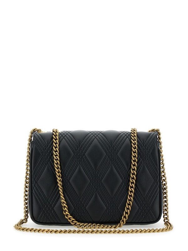 'Quiltie 67' Black Shoulder Bag with VLogo Metallic Plate on the Front in Quilted Leather Woman Crossbody & Shoulder Bags