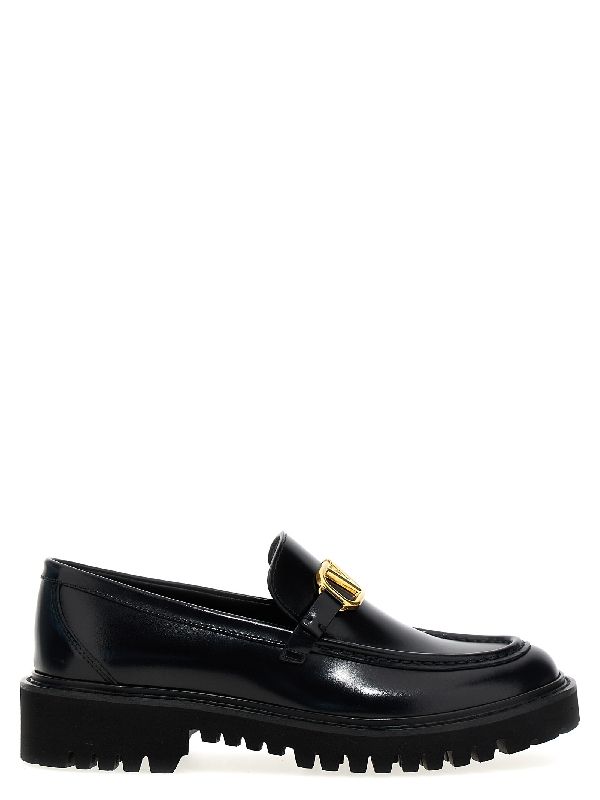 V Logo Embellished Leather Loafers