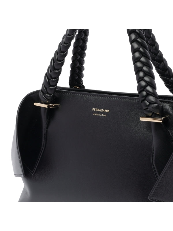Braid Handle Leather Tote Bag