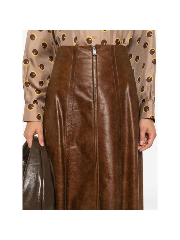 Zip-Up Leather Flare Skirt