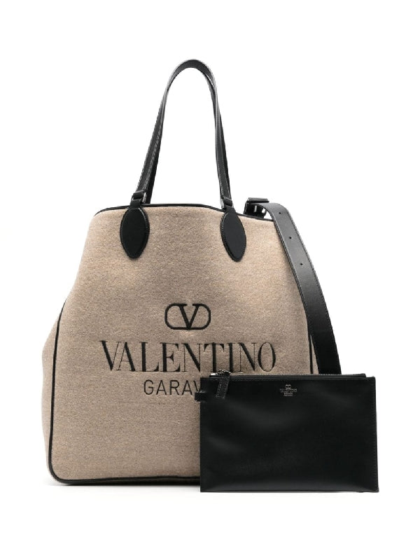 V Logo Wool Blend Tote Shoulder Bag