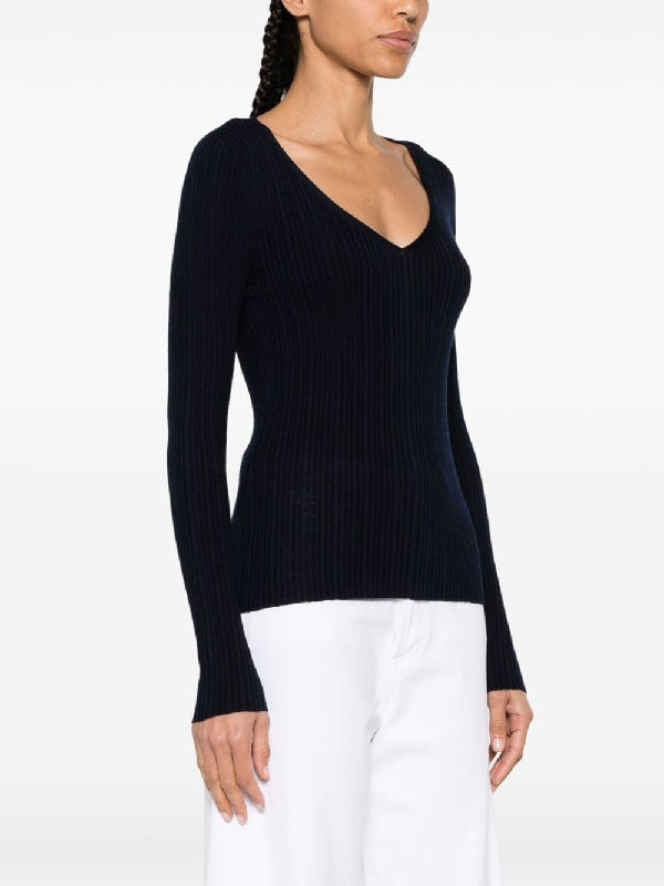 V-Neck Viscose Wool Ribbed Knit