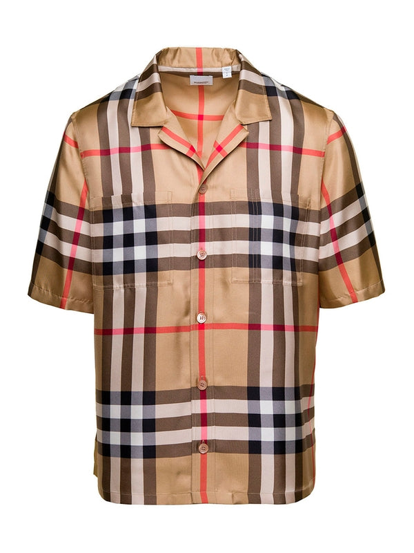 Brown Bowling Shirt with All-Over Checkered Print in Silk Man Shirts