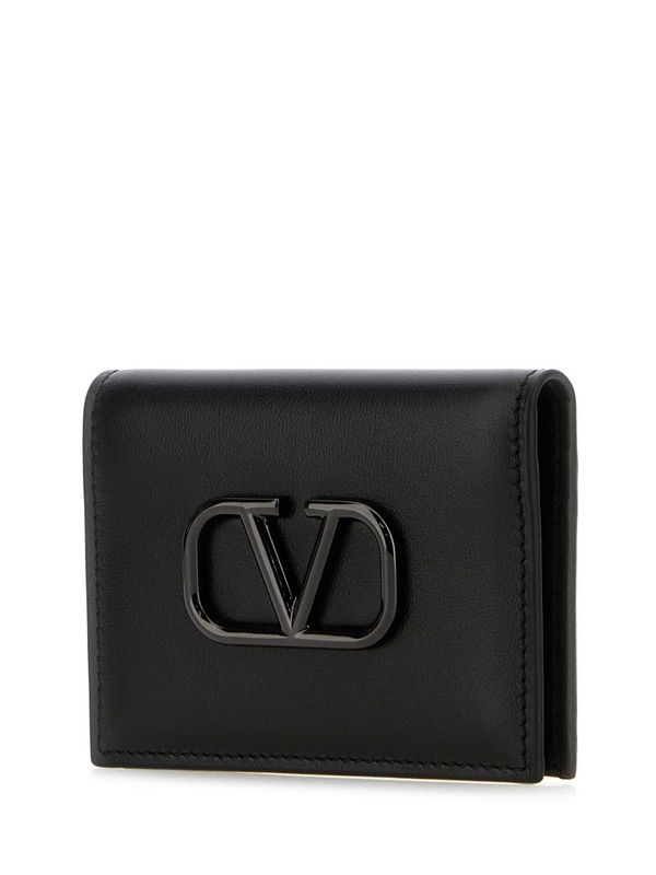 V Logo Leather Card Wallet
