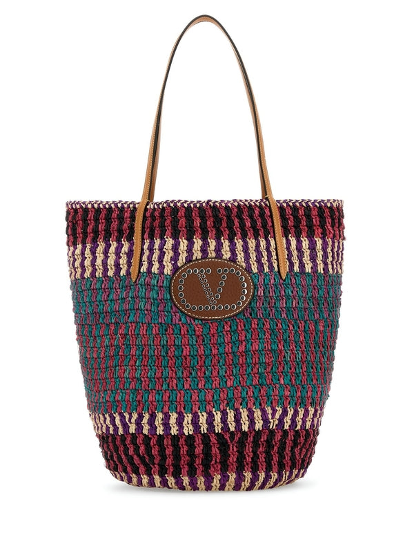 V Logo Patch Raffia Tote Bag