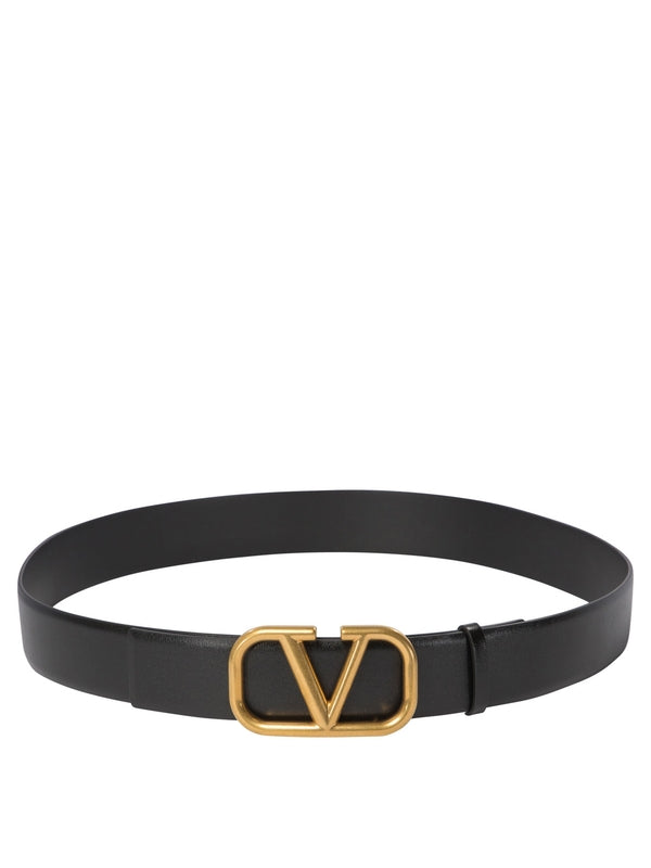 V Logo Buckle Leather Belt