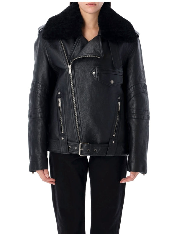 Shearling Collar Leather Biker
  Jacket