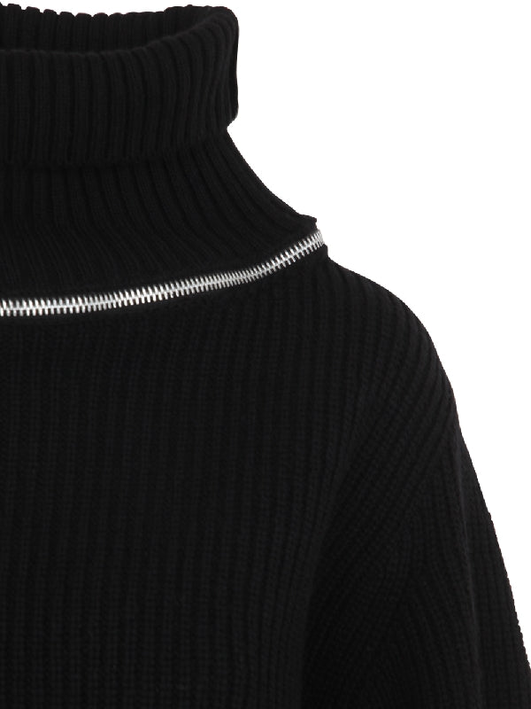 Zipper Detail High Neck Wool Knit