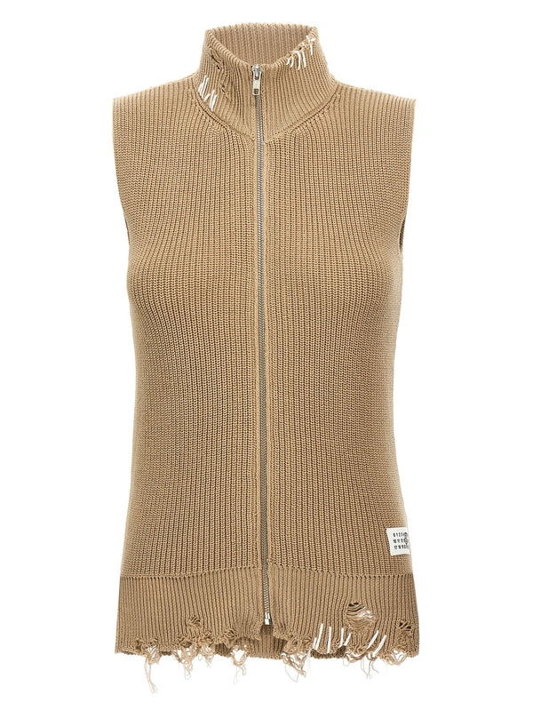 Distressed
  High-Neck Zip-Up Vest