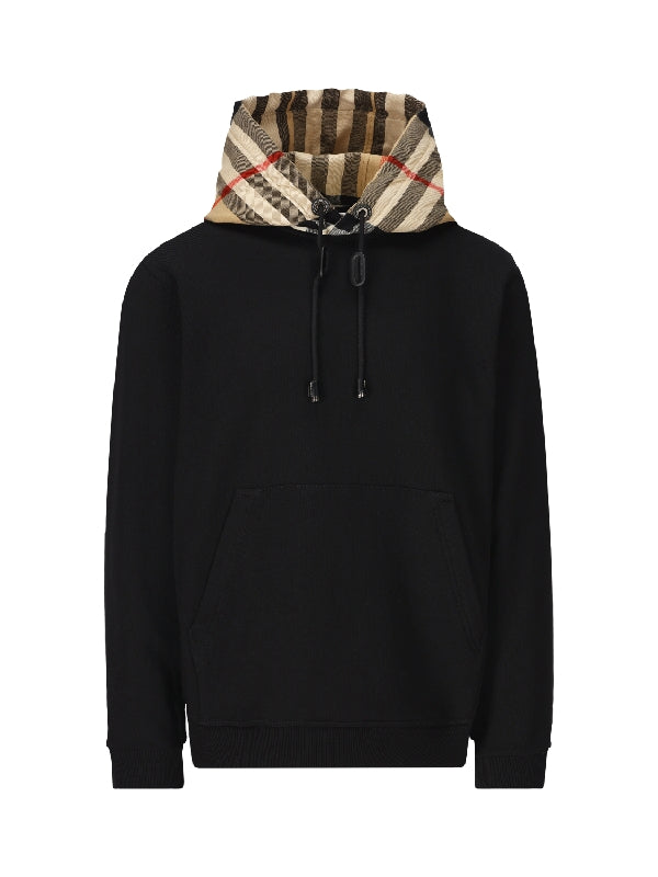 Black Cotton Check Panel Hoodie