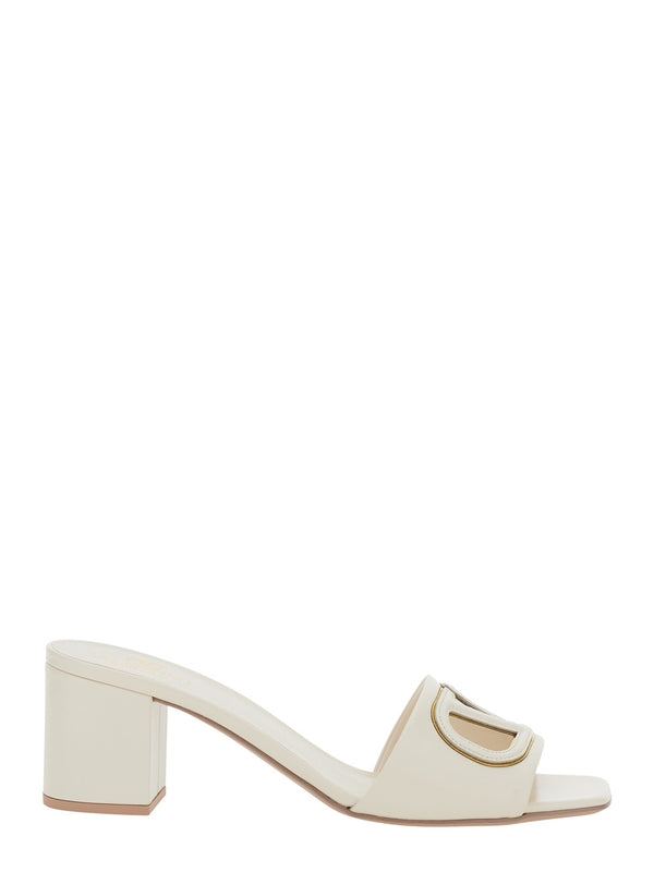 White Mules with VLogo Cut-Out on the Front in Leather Woman Sandal Heels