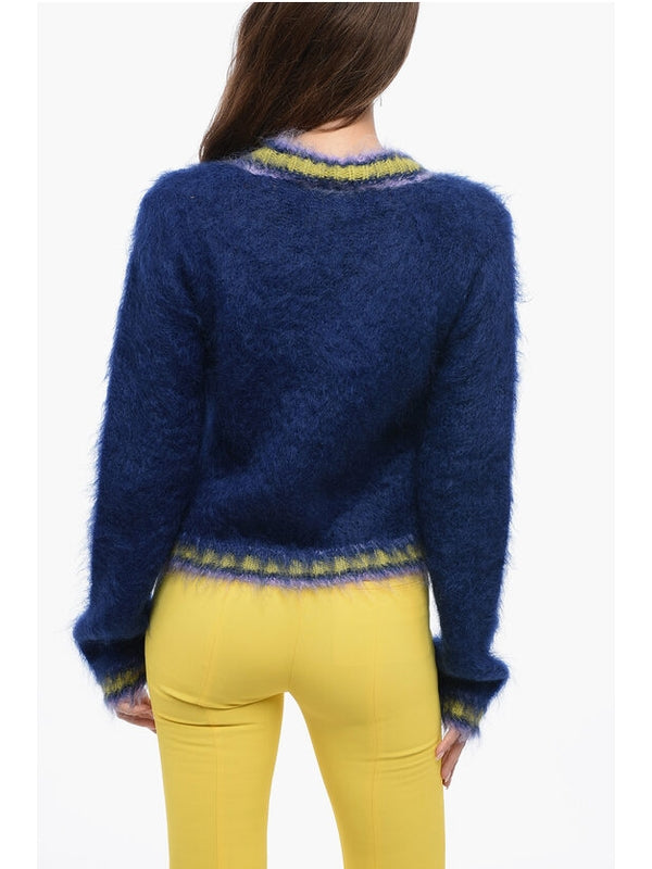 条纹饰边马海毛拉绒针织