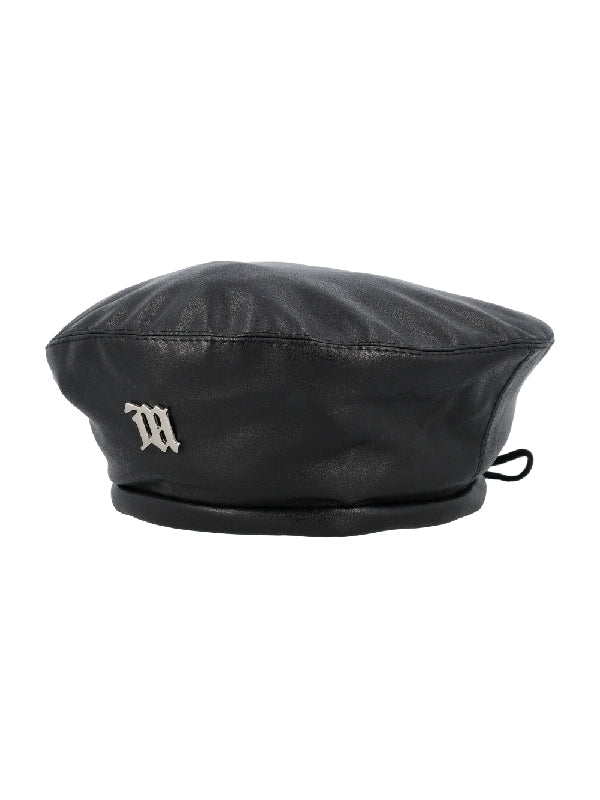 Metal Logo Faux Leather Beret