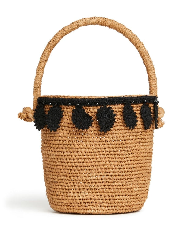 Paisley Applique Raffia Basket Bag