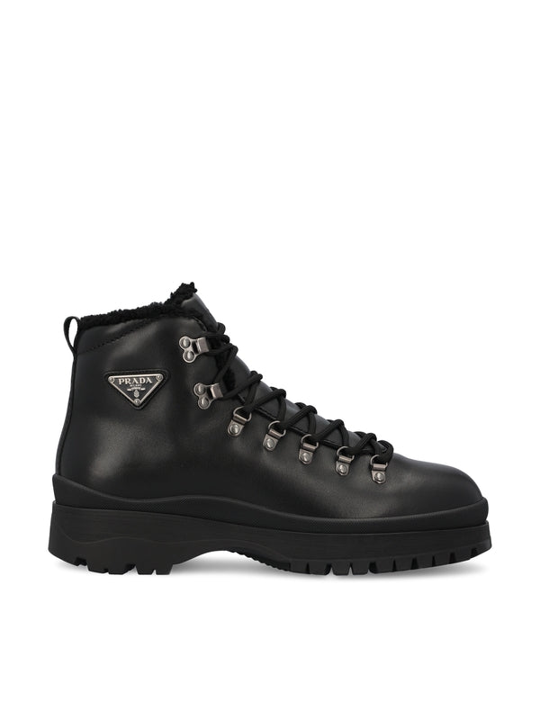 Triangle Logo Shearling Leather Lace-up
  Boots