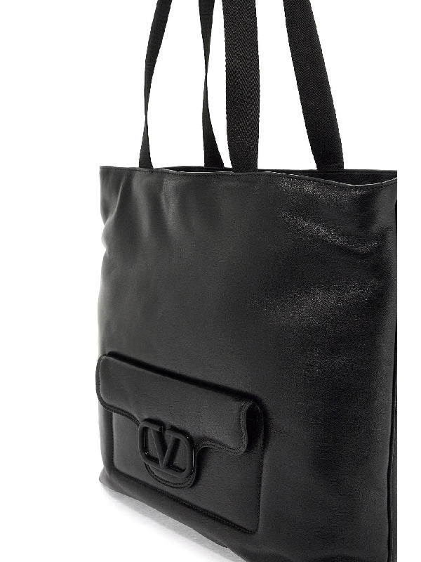 V Logo Pocket Leather Tote Bag - Jente